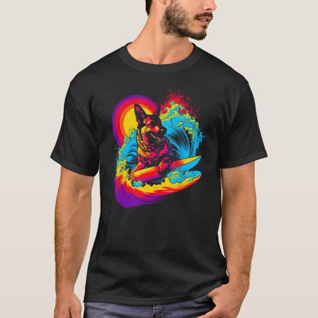 T-shirt Art German Shepherd Dog Surfer (Devant)