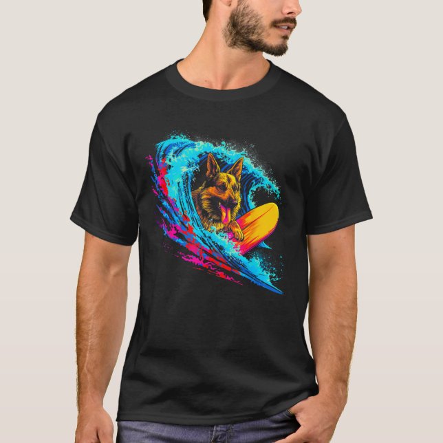 T-shirt Art German Shepherd Dog Wave Surf (Devant)