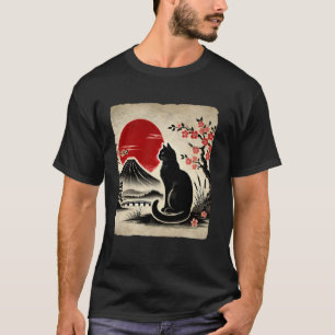T-shirt Art japonais Chat noir Mont Fuji Cerisiers en fleu