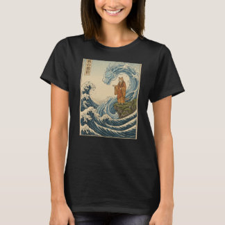 T-shirt Art Japonais sur bois Chat moine domptant le drago