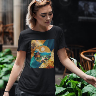 T-shirt Art Japonais Vagues Bleues Montagne En Pierre De M