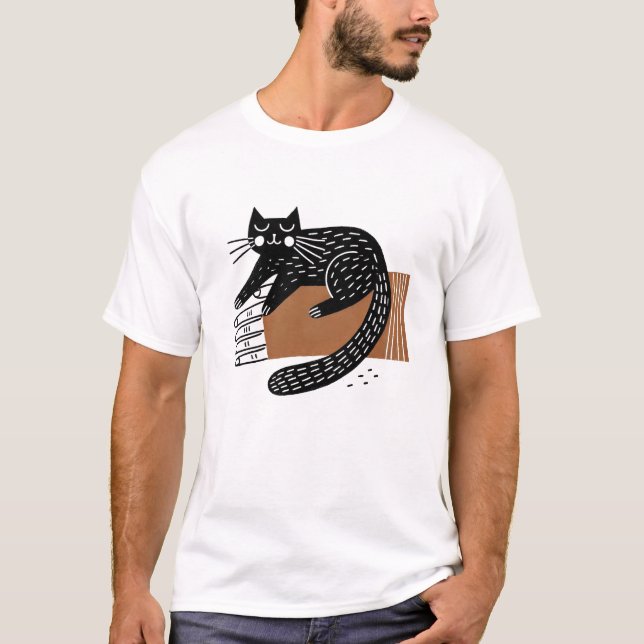T-shirt Art populaire minimaliste Chat noir assis à la mai (Devant)