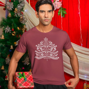 T-shirt Art populaire scandinave blanc Arbre de Noël nordi
