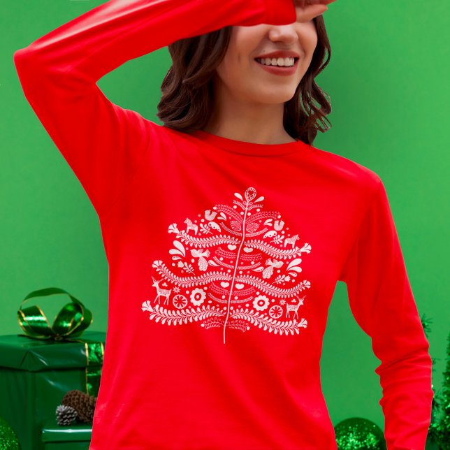 T-shirt Art populaire scandinave blanc Arbre de Noël nordi (Créateur téléchargé)
