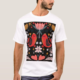 T-shirt Art populaire scandinave : Oiseaux colorés.