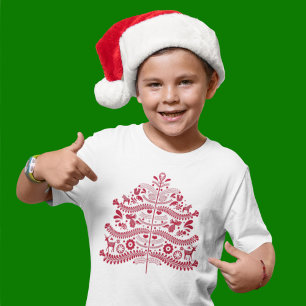 T-shirt Art populaire scandinave rouge Arbre de Noël nordi