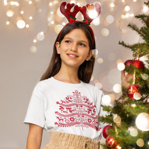 T-Shirt Art populaire scandinave rouge Arbre de Noël nordi