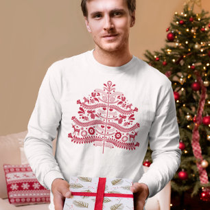 T-shirt Art populaire scandinave rouge Arbre de Noël nordi