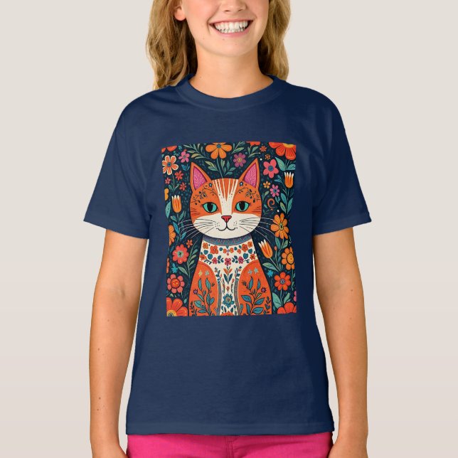 T-shirt Art populaire Whimsical Chat et Fleurs (Devant)