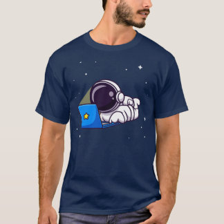 T-shirt Astronaut Mignonne Travaille Sur Cartoon Ordinateu