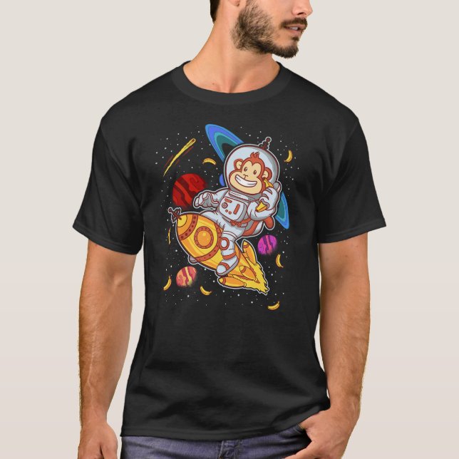 T-shirt Astronaut Monkey Space Rocket Cute Funny Kids Boys (Devant)
