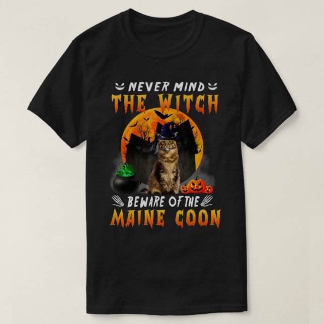 T-shirt Attention À La Sorcière Du Maine Coon Cat Hall (Design devant)