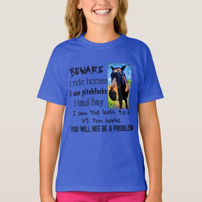 T-shirt ATTENTION - JE MARCHE CHEVAUX - Bleu FILLE (Devant)