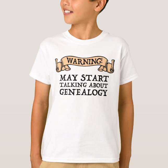 T-shirt Attention! Peut commencer à parler de généalogie (Devant)