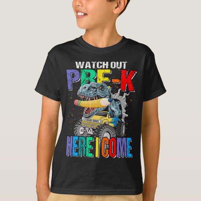 T-shirt Attention Pré-K Je viens Monster Truck Dinosaur (Devant)