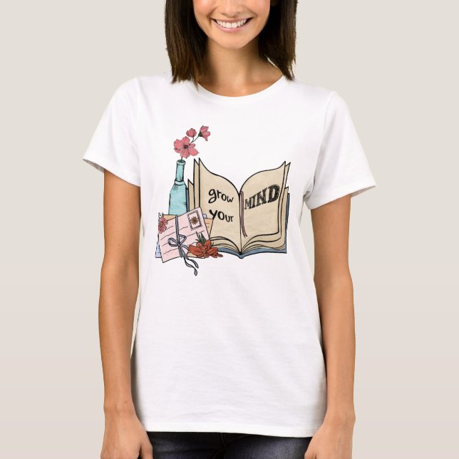 T-shirt Augmentez votre esprit livre lettres fleurs vase (Devant)