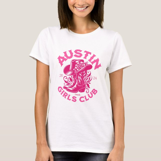 T-shirt austin bachelorette fête cowboy bottes rose (Devant)