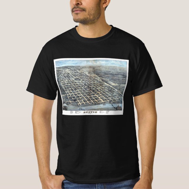 T-shirt Austin, Texas Antique Aerial City Carte de 1873 (Devant)