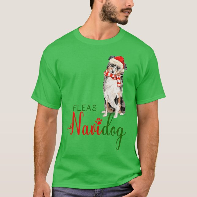 T-shirt Australian Shepherd Funny Noël Fleas Navidog (Devant)