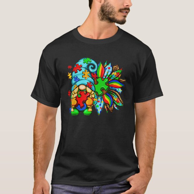 T-shirt Autism Awareness Month Gnome Puzzle Leopard Autism (Devant)