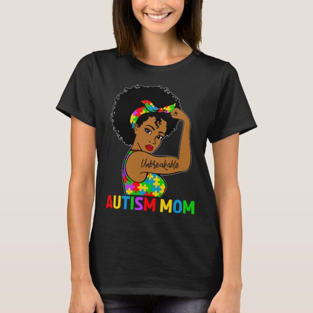 T-shirt Autism Awareness Strong Autism Mom Afro Black Moth (Devant)