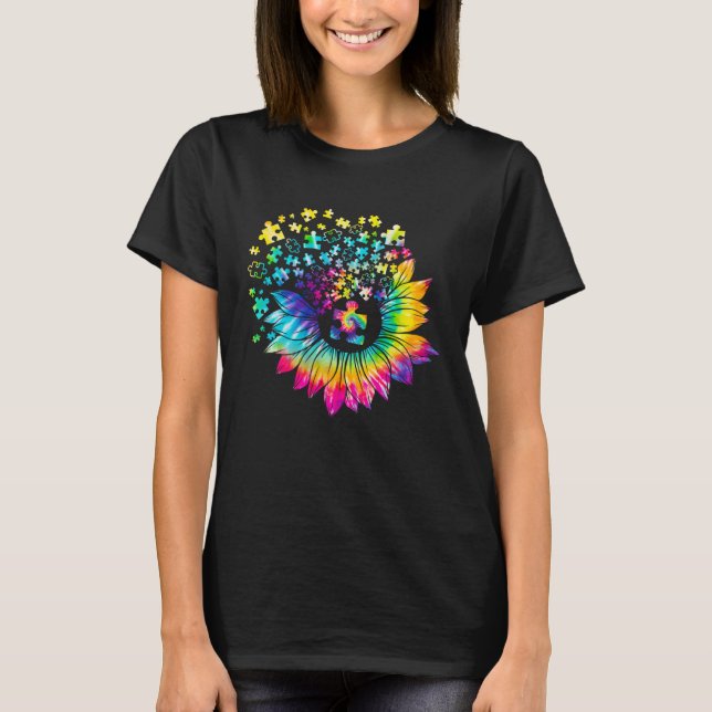 T-shirt Autism Awareness  Tie Dye Sunflower Puzzle (Devant)
