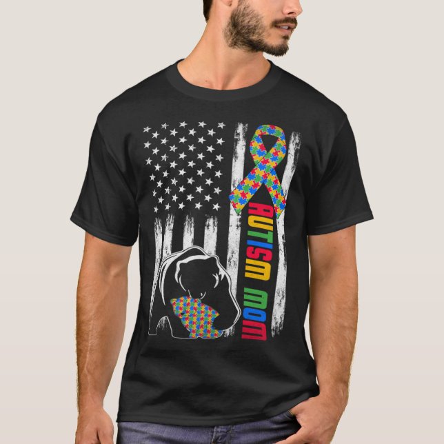 T-shirt Autisme Maman Ours USA Drapeau Famille Corresponda (Devant)