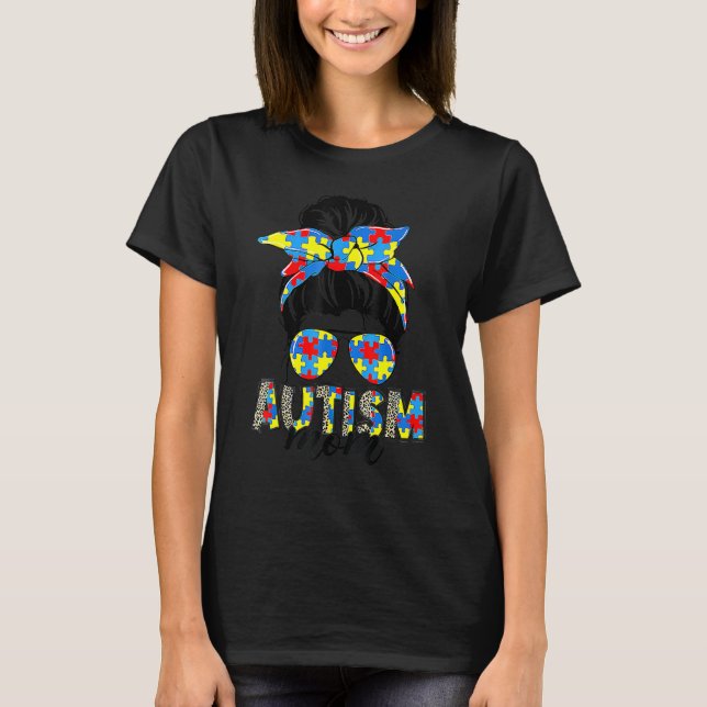T-shirt Autisme Maman Vie Messy Bun Bleached Fête des Mère (Devant)