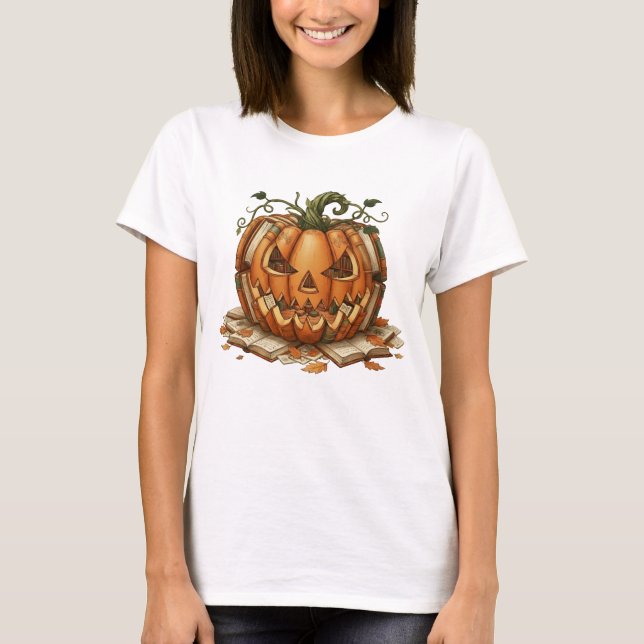T-shirt Automne Livre Citrouille Retro Lecture Bibliothéca (Devant)