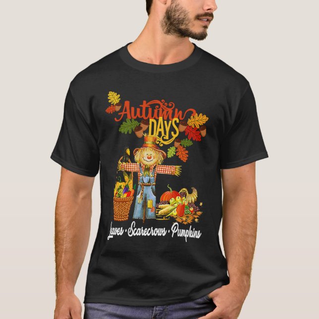 T-shirt Autumn Days Leaves Scarecrows Pumpkins Fall Thanks (Devant)