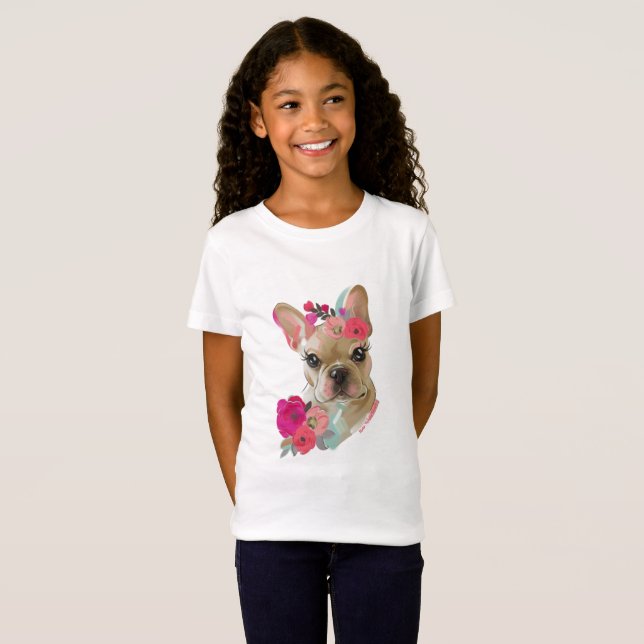 T-shirt avec dessin d'art floral français bulldog (Devant entier)