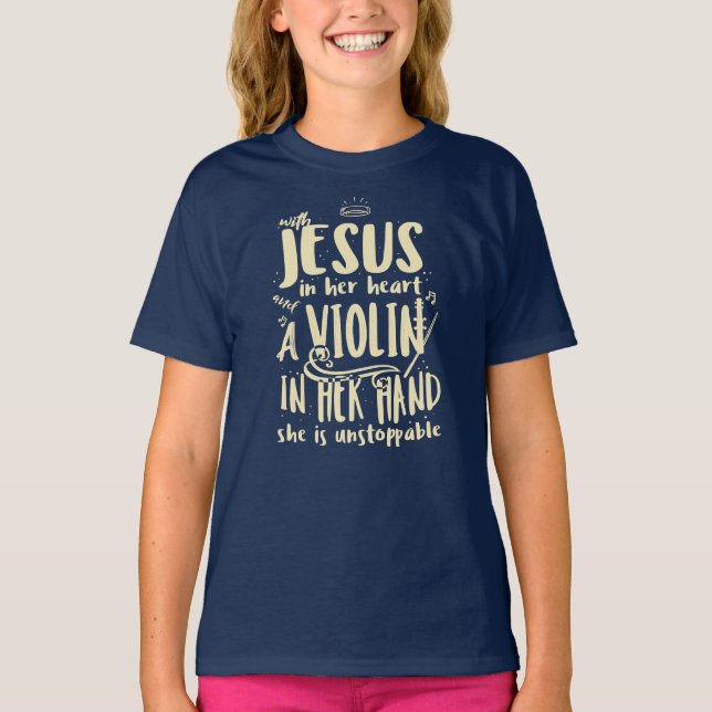 T-shirt Avec Jésus Dans Son Coeur Un Violon Musique Chréti (Devant)