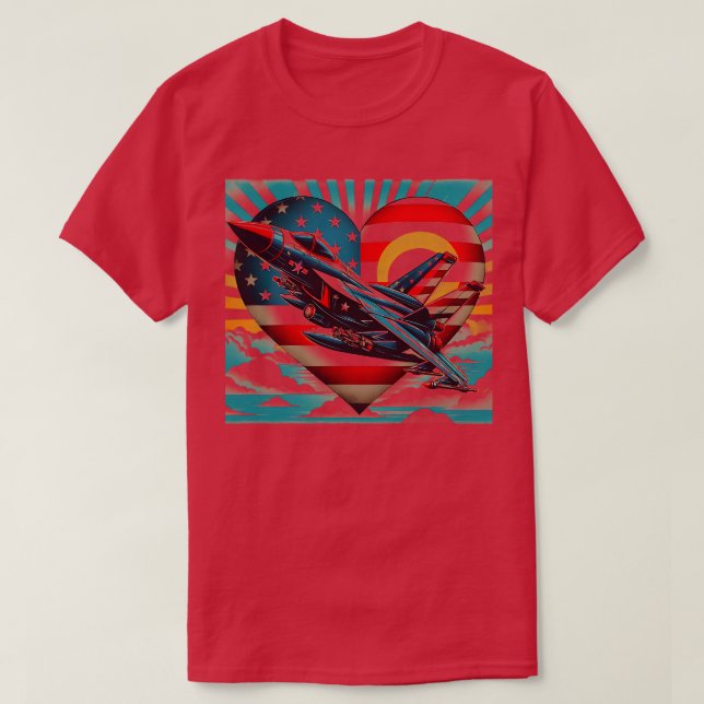 T-shirt Avion Retro Fighter Avion American Flag Heart 4E (Design devant)