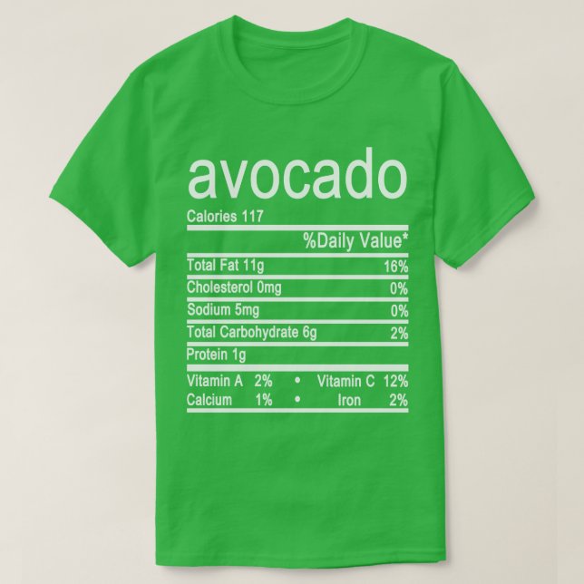 T-shirt avocat étiquette de la valeur nutritive (Design devant)