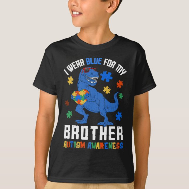 T-shirt Avril Je Porte Bleu Pour Frère Dinosaure Autisme A (Devant)