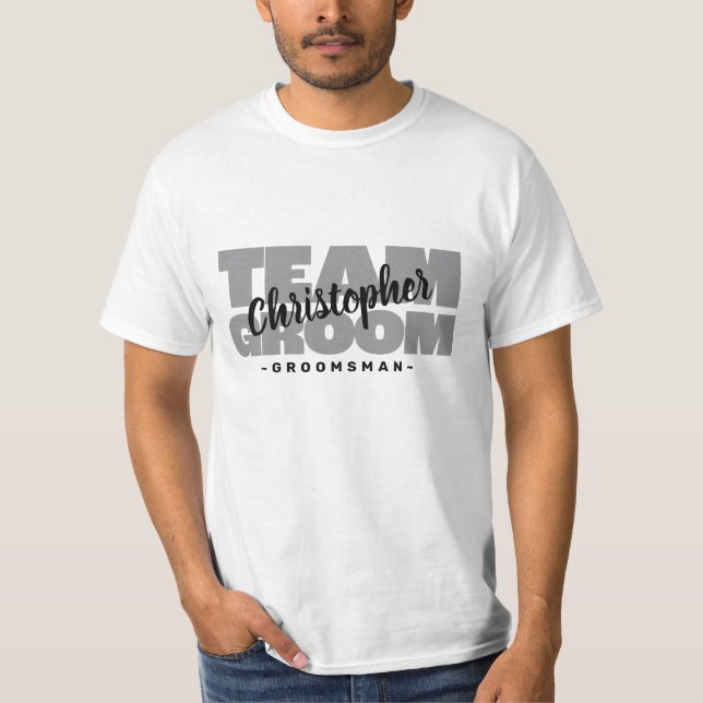 T-shirt Bachelor Party Team Groom Groomsman's Name Grey (Devant)