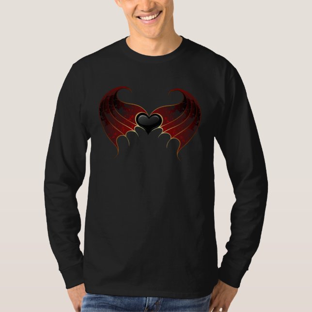 T-shirt Back Black Heart Red Demon Wings Goth Gothic (Devant)