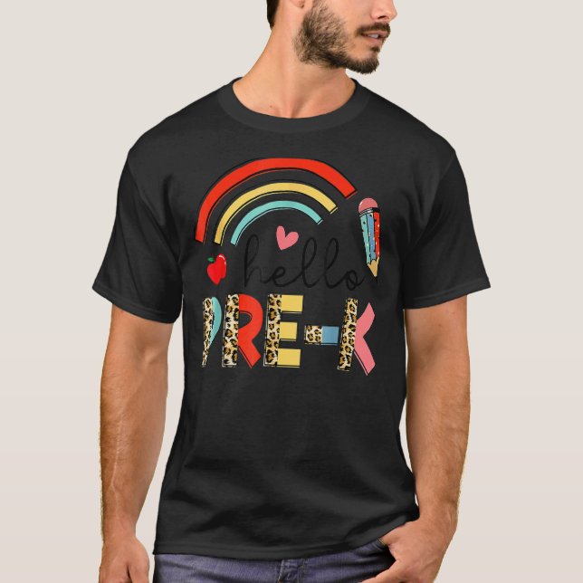 T-shirt Back to School First Day Hello Pre K Leopard Rainb (Devant)