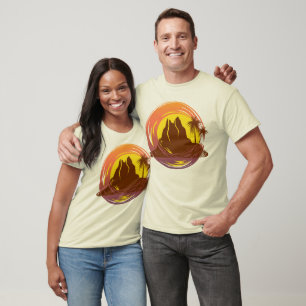 T-shirt Badge avec paysage volcanique tropical et palmiers