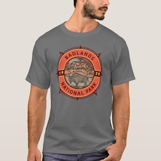 T-shirt Badlands National Park Buffalo Retro Compass (Devant)