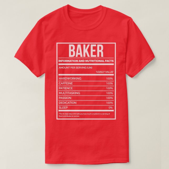 T-shirt Baker Funny Étiquette de la nutrition de cuisson (Design devant)