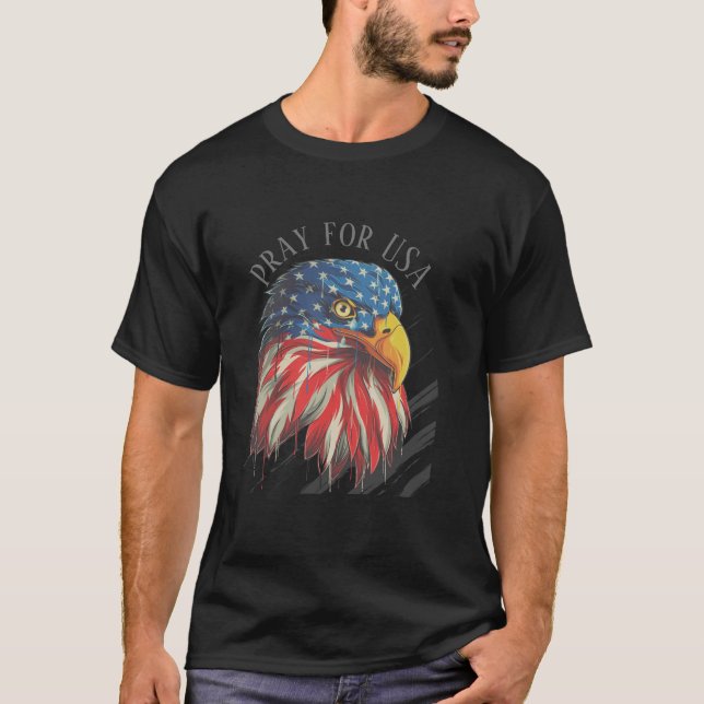 T-shirt Bald Eagle Bird USA Drapeau Prier pour les USA (Devant)