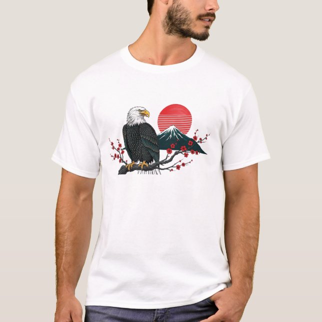 T-shirt  Bald Eagle on Cherry Blossom with Mount Fuji   (Devant)