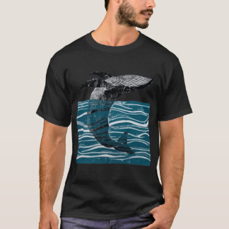 T-shirt baleine de mer saute baleine dans des vagues bleue
