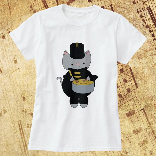T-shirt Bande de Marquage Chat Snare Drum Black Gold (A fun tshirt featuring a cat playing the snare drum and wearing a black & gold marching band uniform)