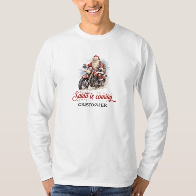 T-shirt Bande dessinée amusante Père Noël sur une moto (Devant)