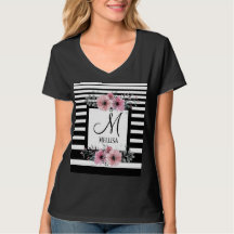 Bandes noires et blanches Monogramme floral rose