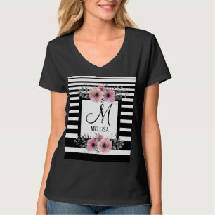 T-shirt Bandes noires et blanches Monogramme floral rose