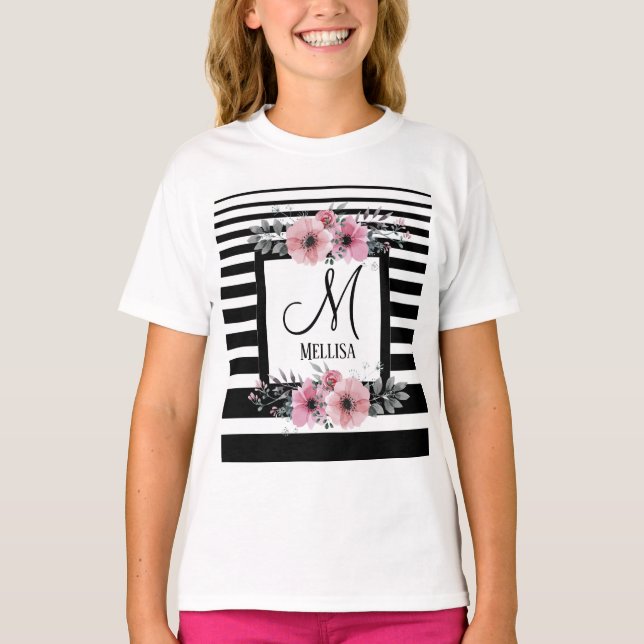 T-shirt Bandes noires et blanches Monogramme floral rose (Devant)