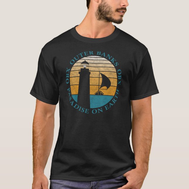 T-shirt Banques extérieures OBX Lighthouse Sunset Aqua Vin (Devant)